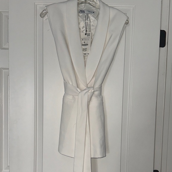 Zara Tops - Zara Cream Sleeveless Shawl Collar Vest with Waist Tie